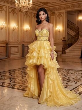 Jovani Yellow Strapless High-Low Ruffle Prom Dress size 6